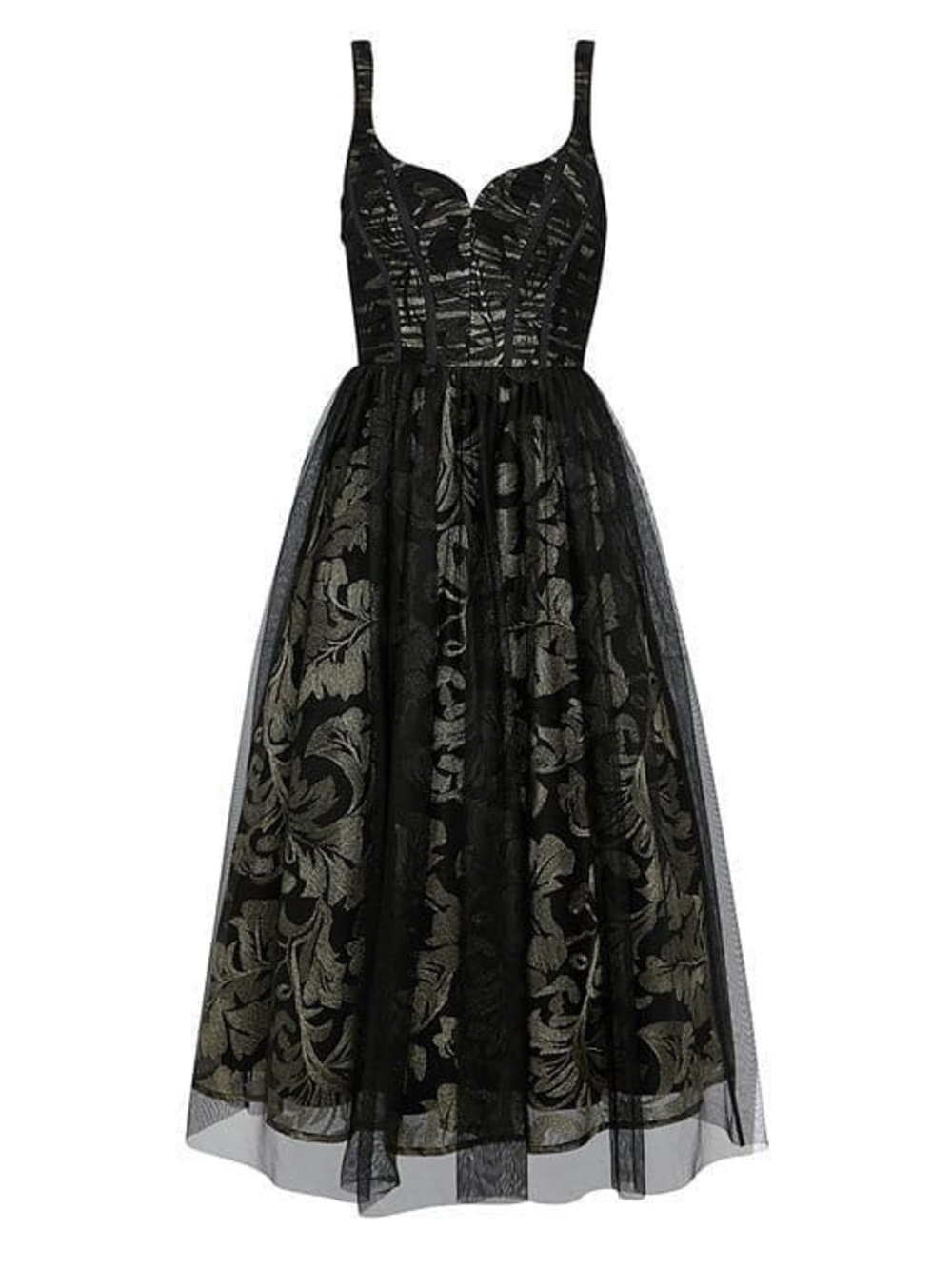 Black Brocade Fit-and-Flare Midi Dress with Tulle Overlay - Picture 2 of 2